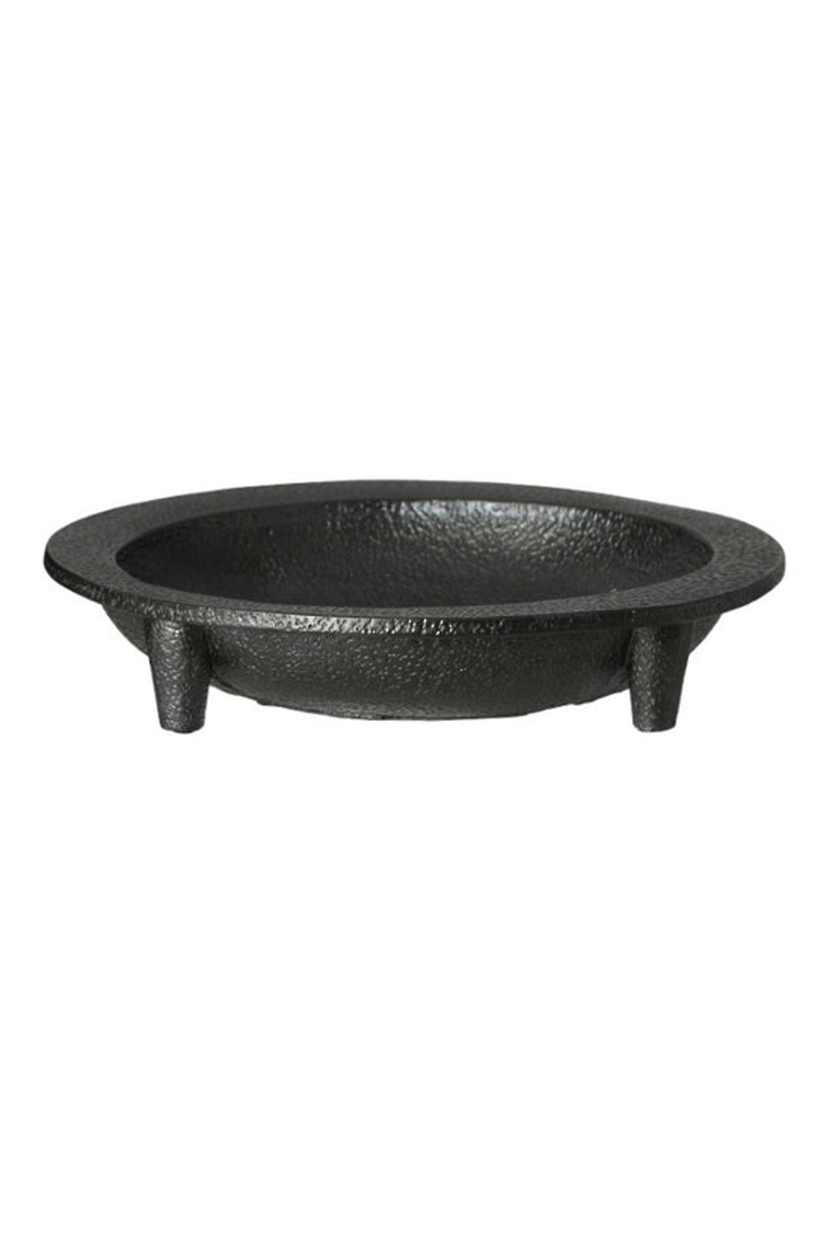Friars cement tripod plate in charcoal on a plain background, shallow dish on three short feet