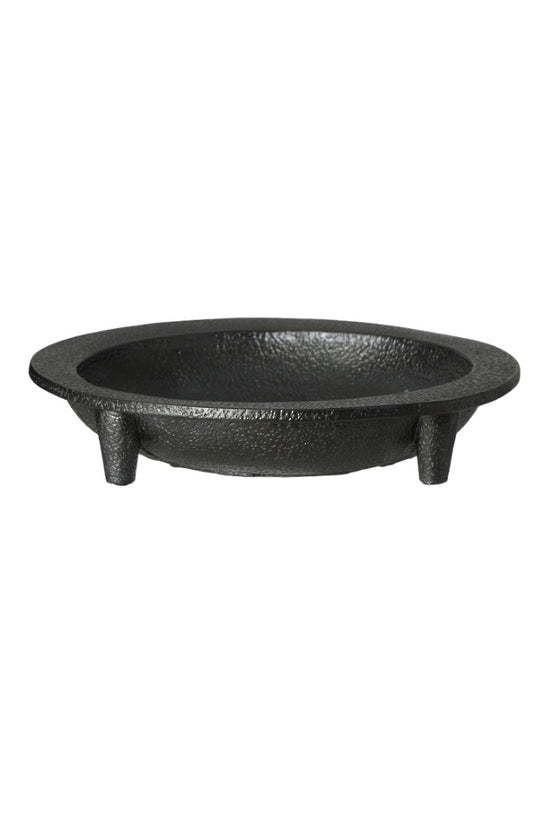 Friars cement tripod plate in charcoal on a plain background, shallow dish on three short feet