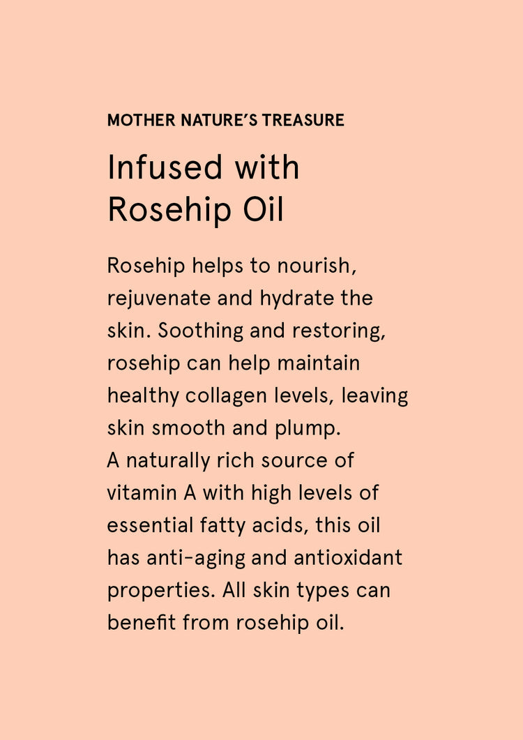 Infused with Rosehip Oil supplier card with dark text on peach