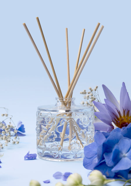 The Forget Me Not diffuser on pale blue with blue delphinium and sprigs of gypsophila