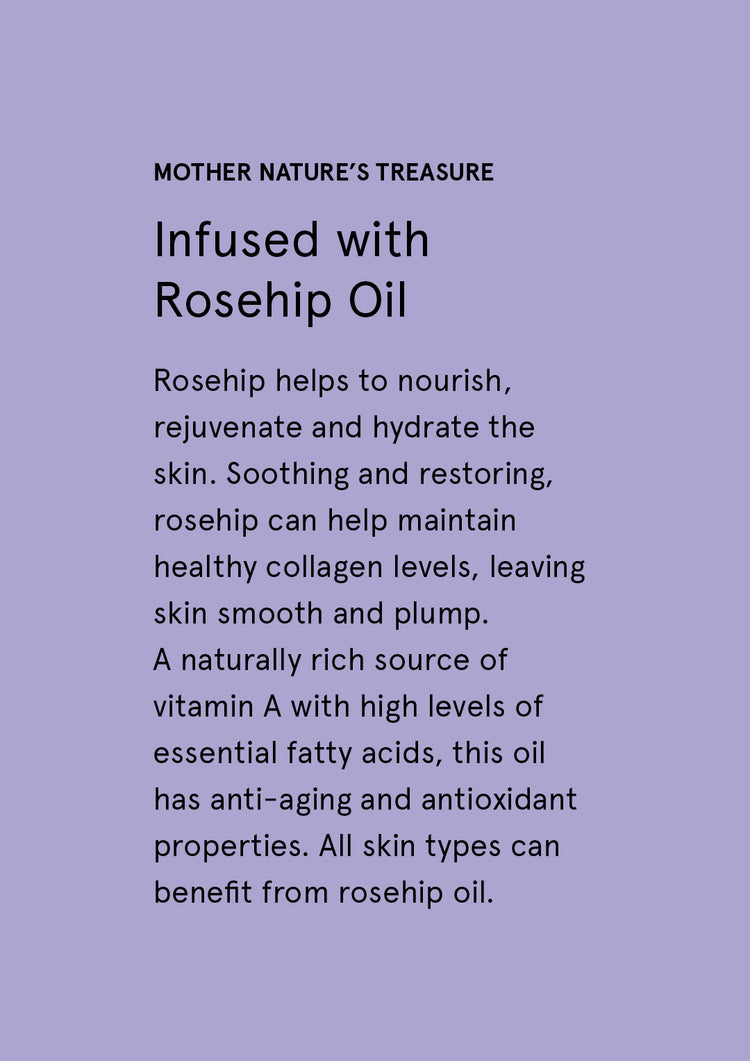 Infused with Rosehip Oil supplier card with dark text on lilac