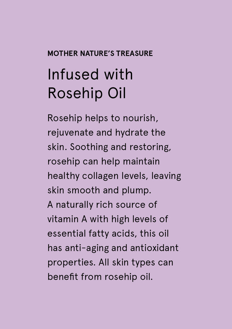 Infused with Rosehip Oil supplier card with dark text on soft lilac