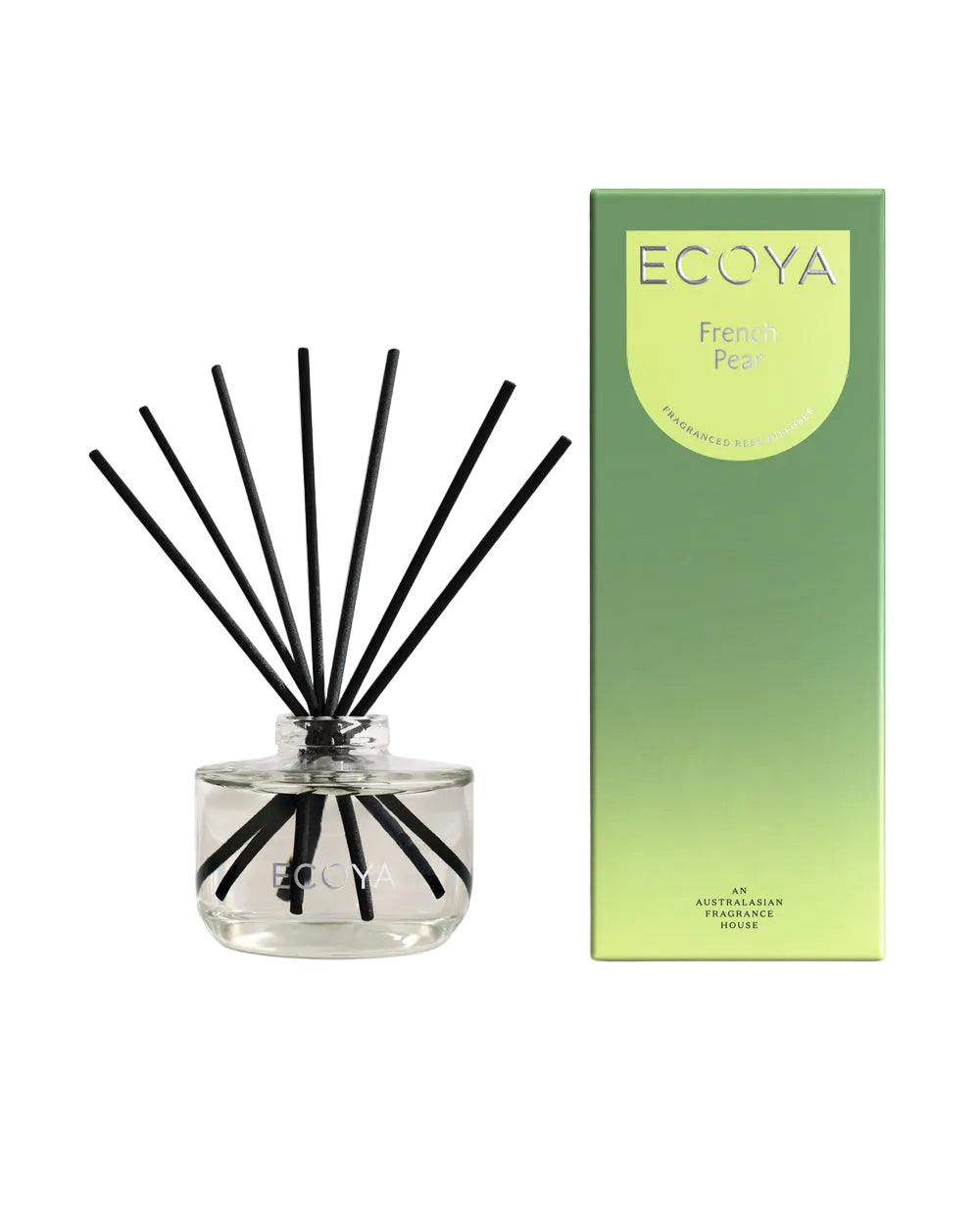Ecoya French Pear reed diffuser in a glass jar with black reeds, beside its green gift box