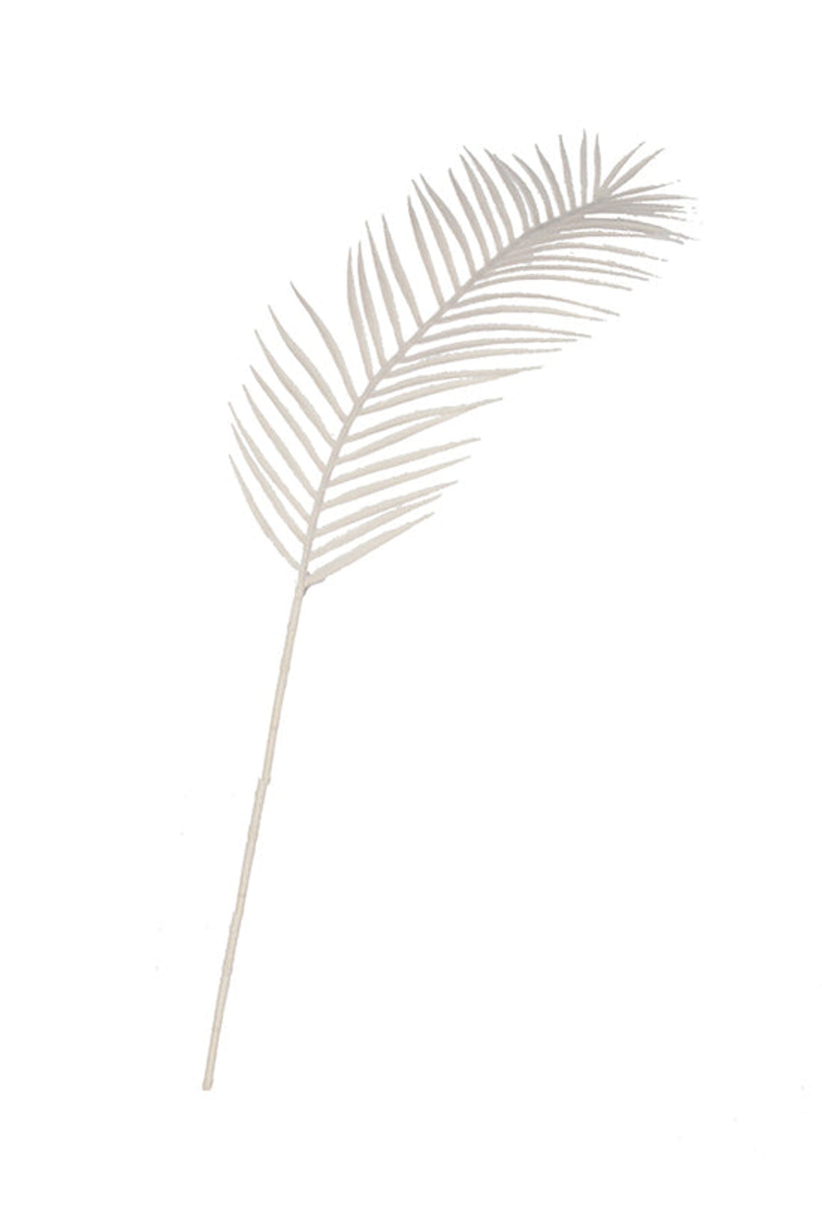 White faux palm frond on a long stem, on white