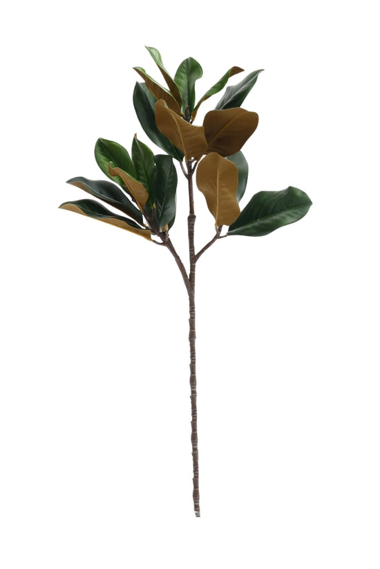 Faux magnolia leaf spray with glossy green leaves and bronze undersides on a white background
