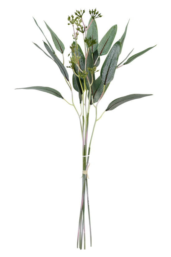 Artificial Flora eucalyptus bundle in a vase on a white background.