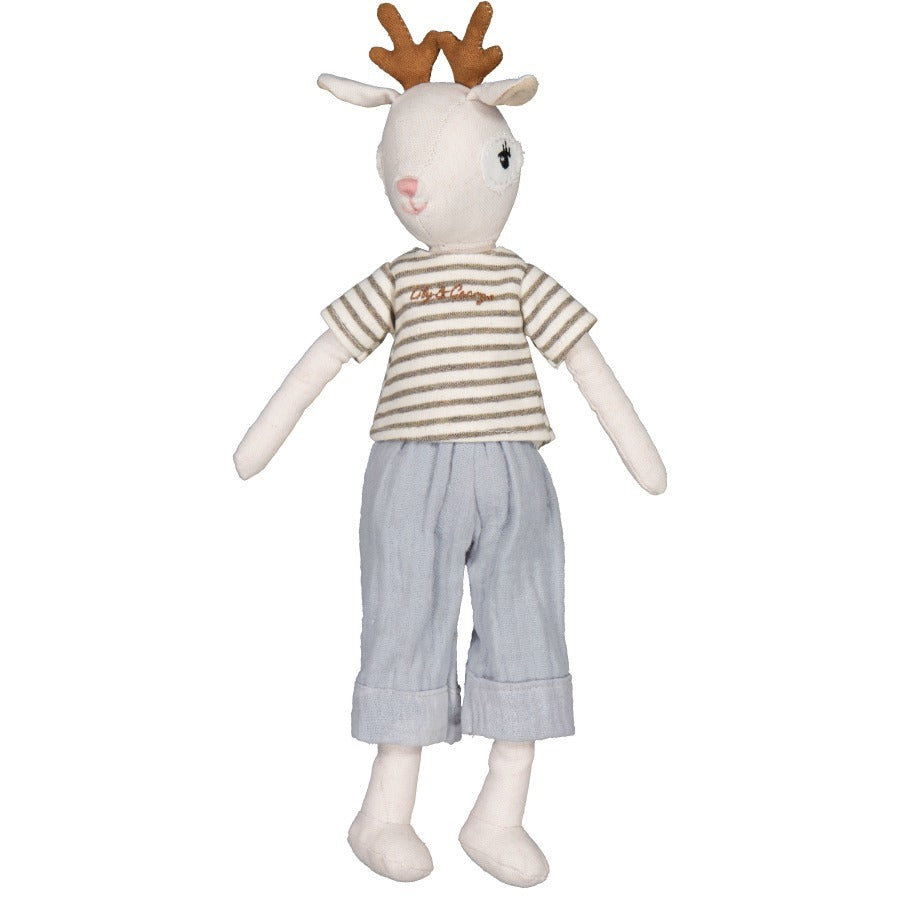 Gabriel the Deer soft doll in a striped top and grey trousers, on white
