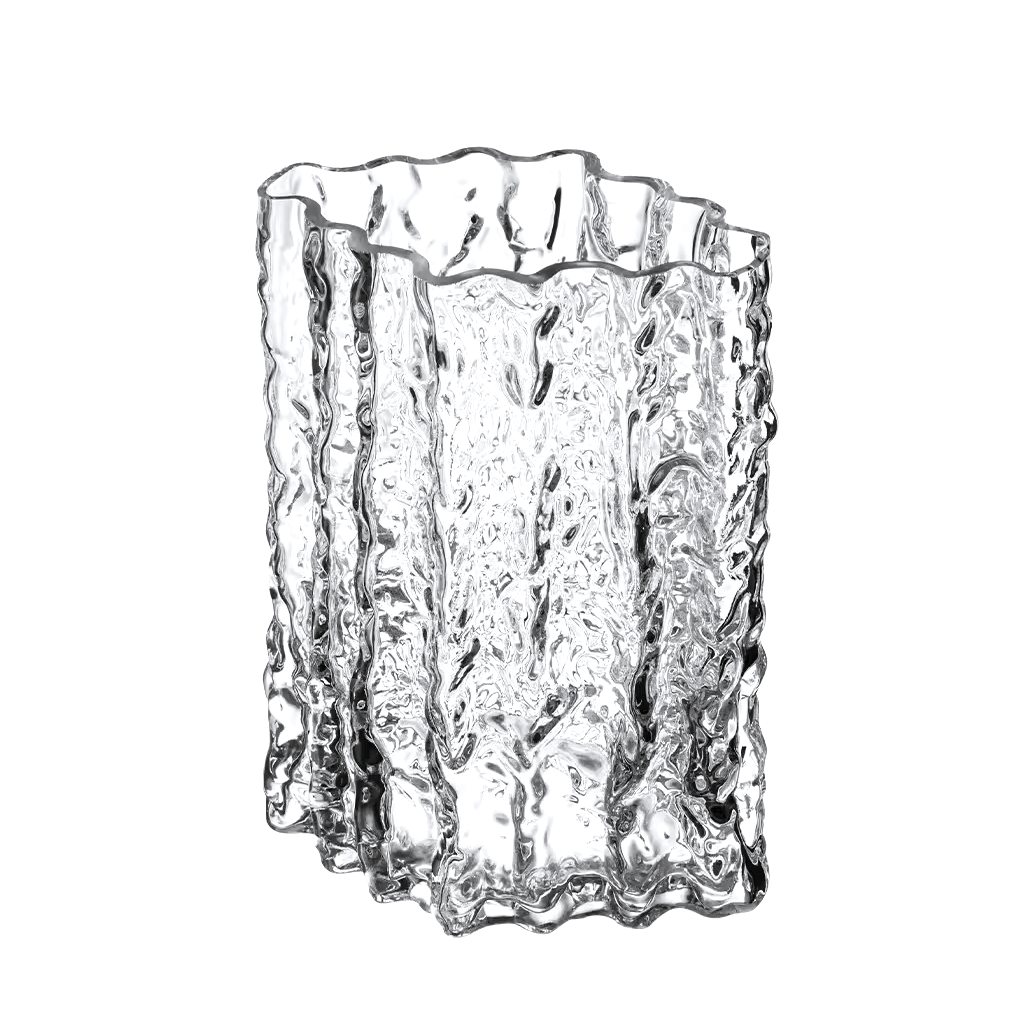 Clear Glacier vase front on against a plain white background, showing the wavy rim