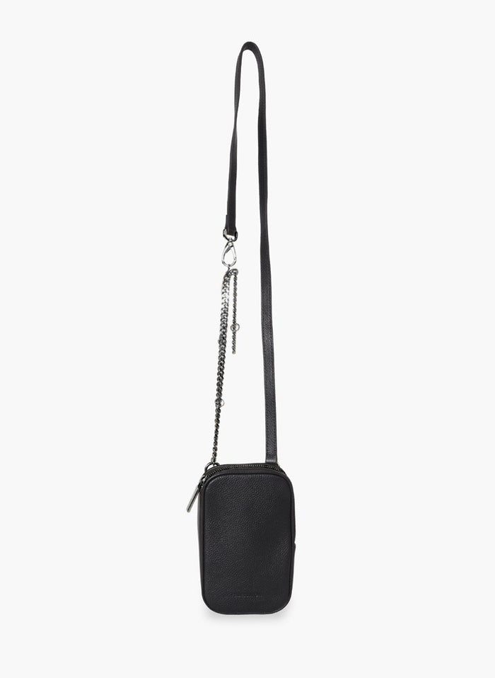 Black leather Attached To Me crossbody bag with a silver-toned chain, front view