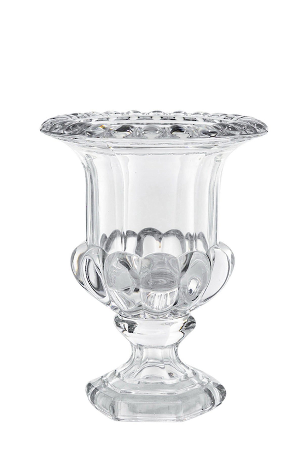 Omari clear glass urn vase in the larger size, on a plain background