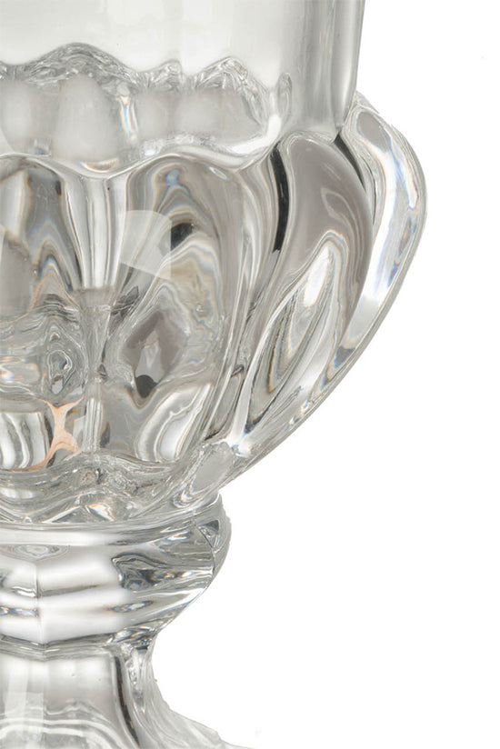 Close up of the Omari glass urn vase showing the fluted bowl and pedestal
