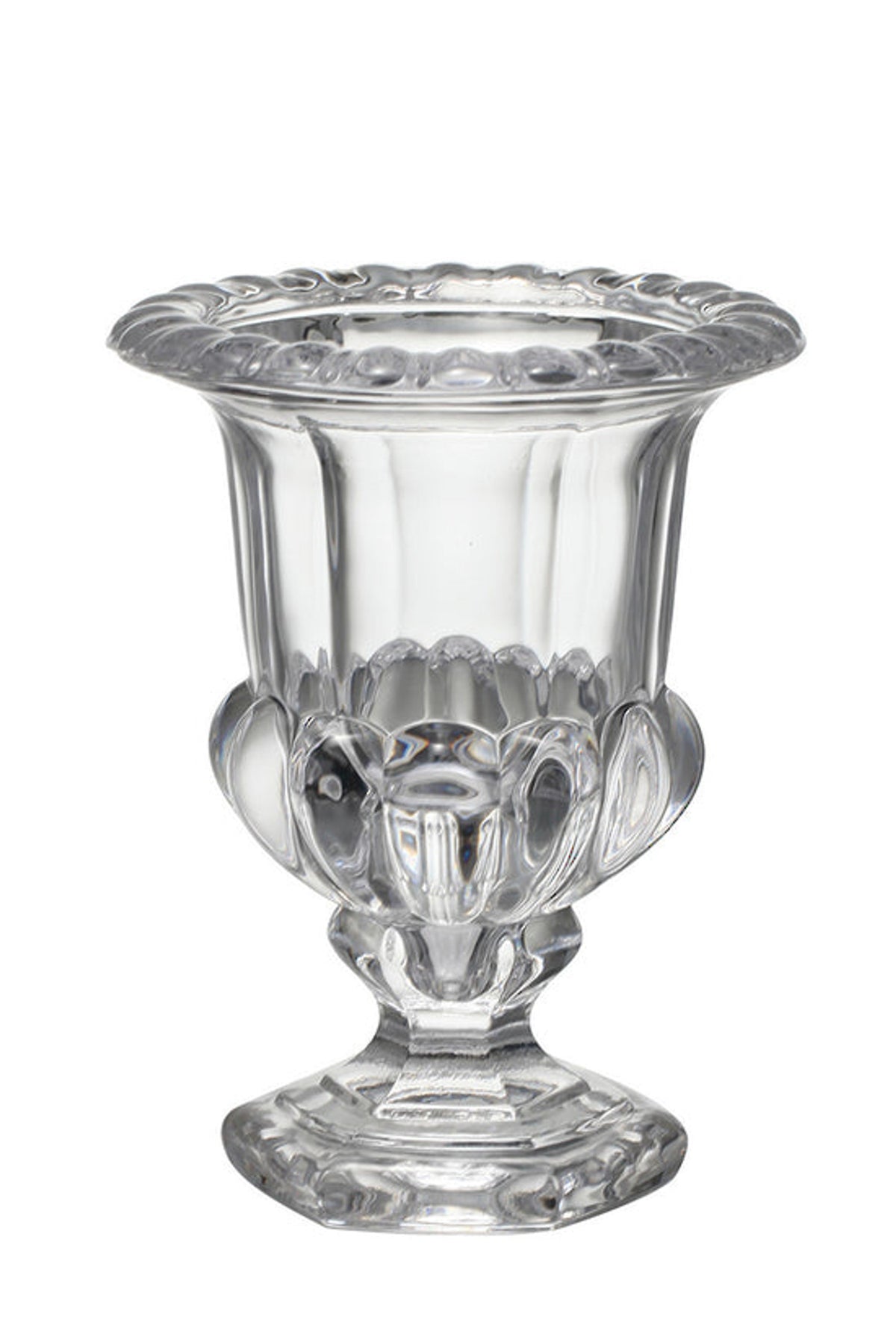 Omari clear glass urn vase with a fluted bowl and pedestal foot, plain background