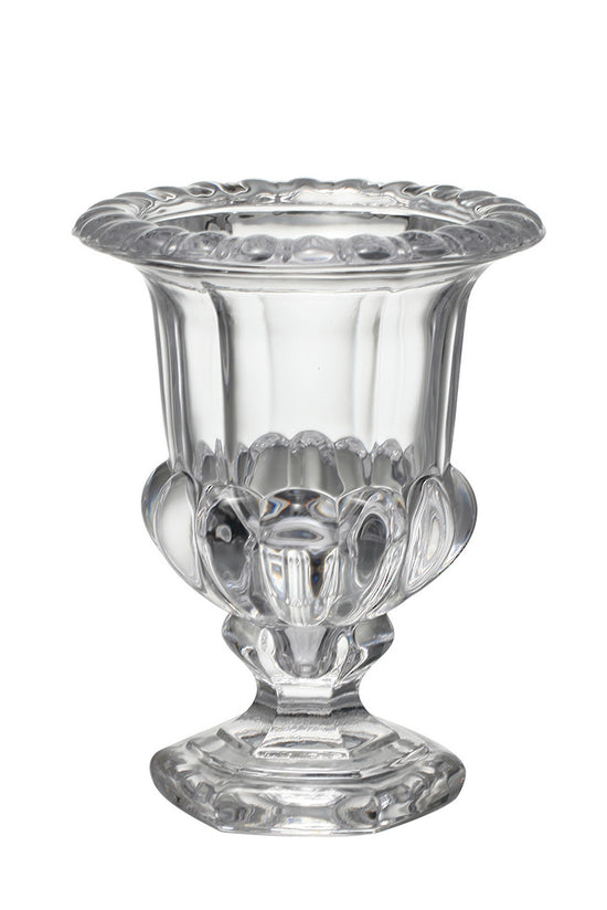 Omari clear glass urn vase with a fluted bowl and pedestal foot, plain background