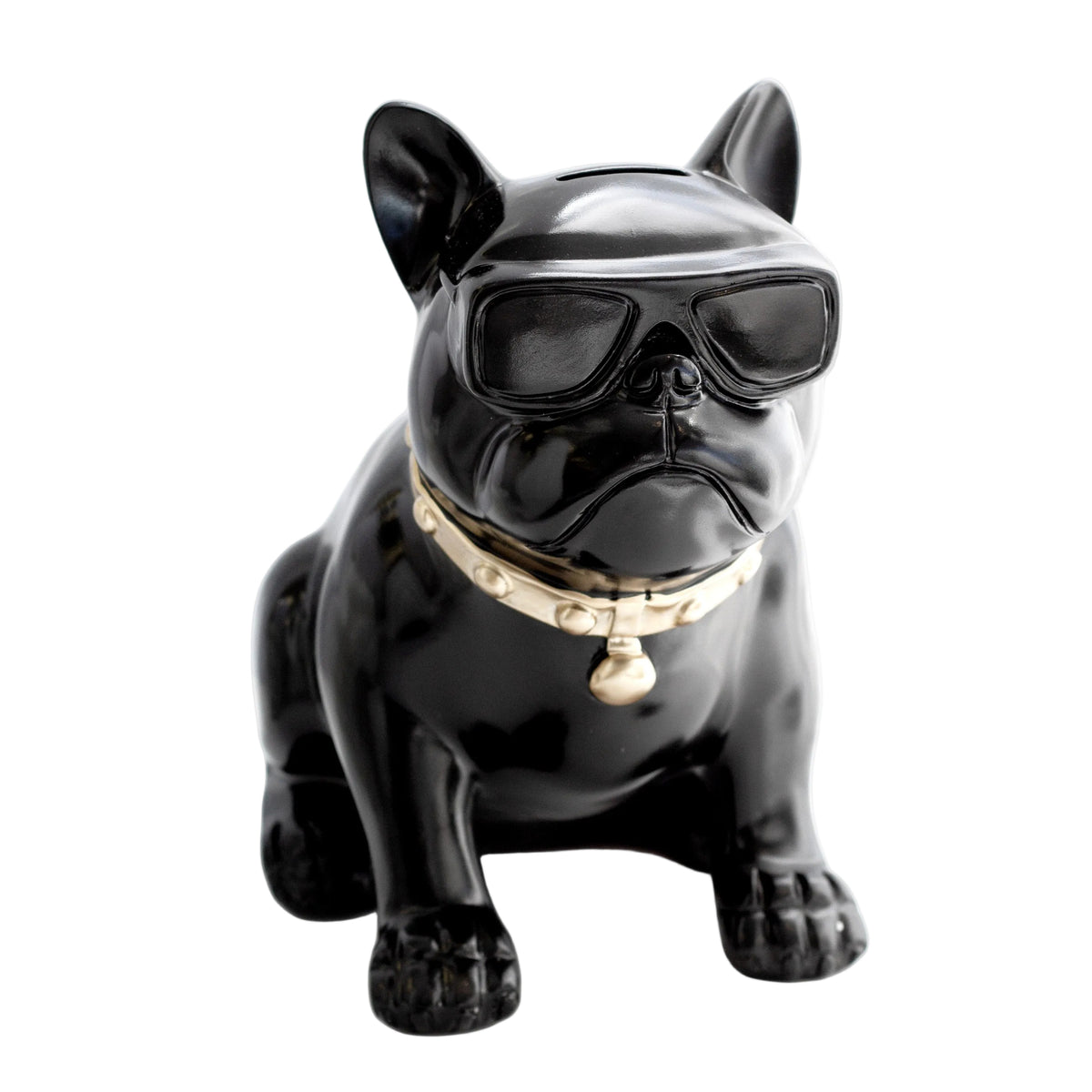 Black ceramic french bulldog figure wearing moulded sunglasses and a pale studded collar with a tag