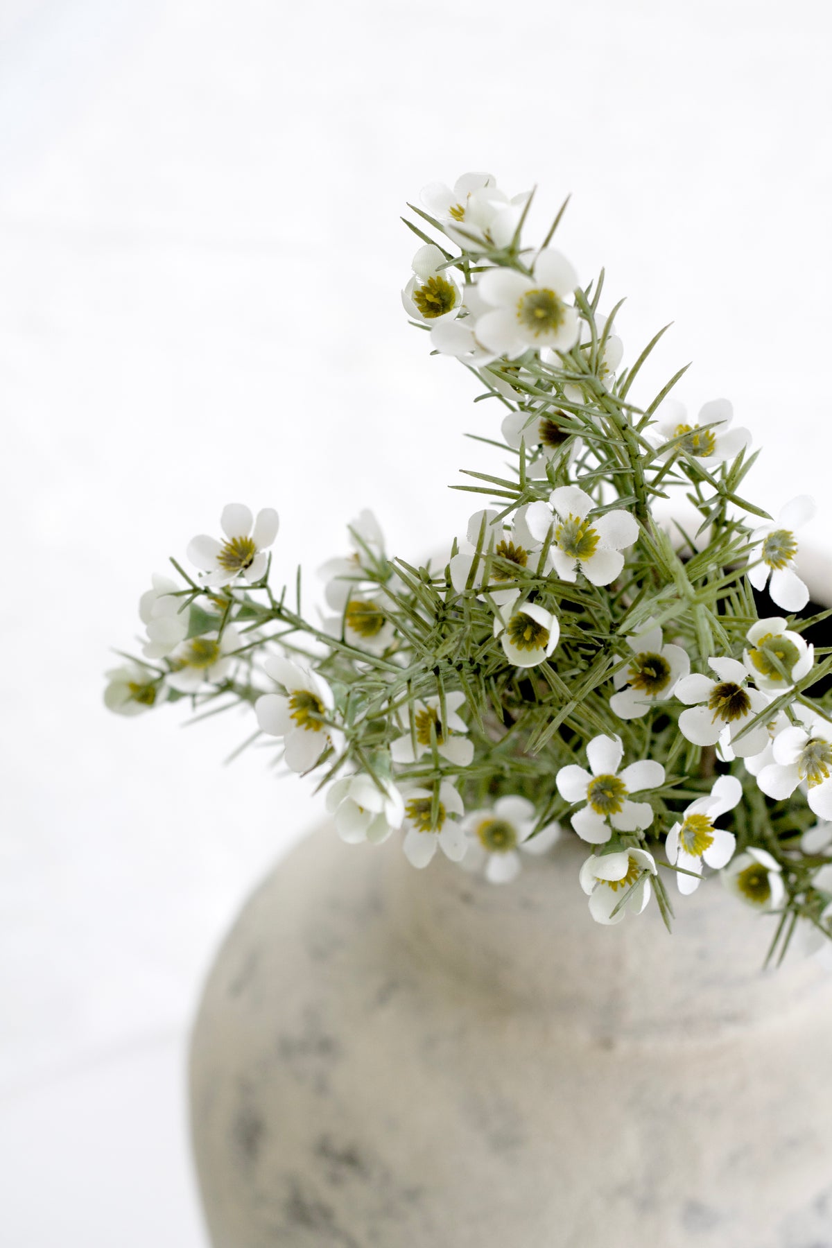 White wax flower sprigs in a pale stone look vase, close view