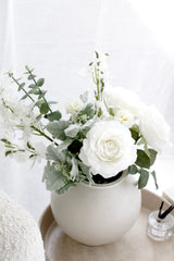 Rose & Sweet Pea Artificial Bouquet – White | 35cm Faux Floral Mix with Eucalyptus Accents