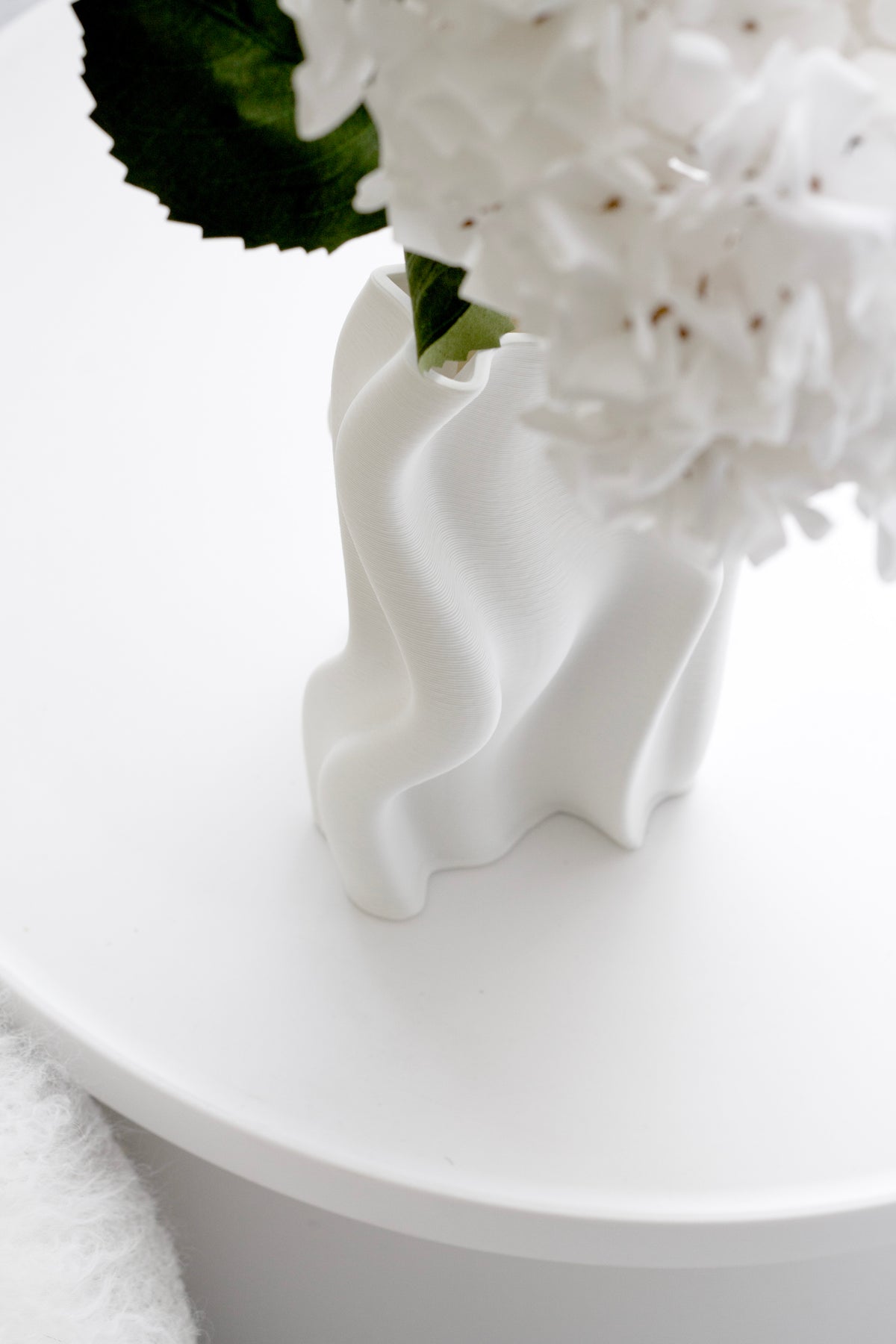 White hydrangea in the Arti vase, dark leaves contrasting against the white ceramic