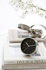 Karlsson Minimal Alarm Clock — Silent Sweep, Nickel & Glass, 10cm