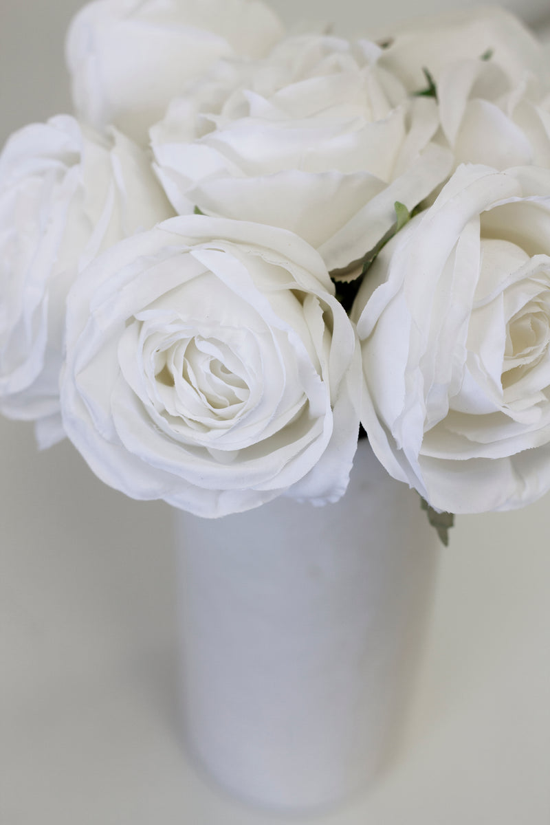 Callista Rose Bouquet - White / Pink roses in a vase with greenery on a table. (Brand: Artificial Flora)