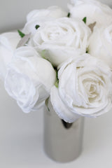Callista Rose Bouquet - White / Pink roses arranged with greenery in a silver vase by Artificial Flora.