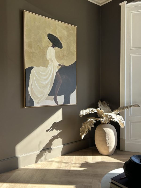 Ali framed canvas wall art – woman in white gown on black horse against warm neutral background, portrait artwork by Ned Collections.