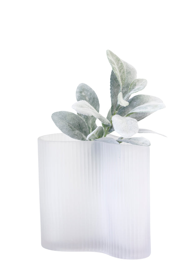 A white Artificial Flora vase with Lambs Ear with 16 Leaves sprouting from it.