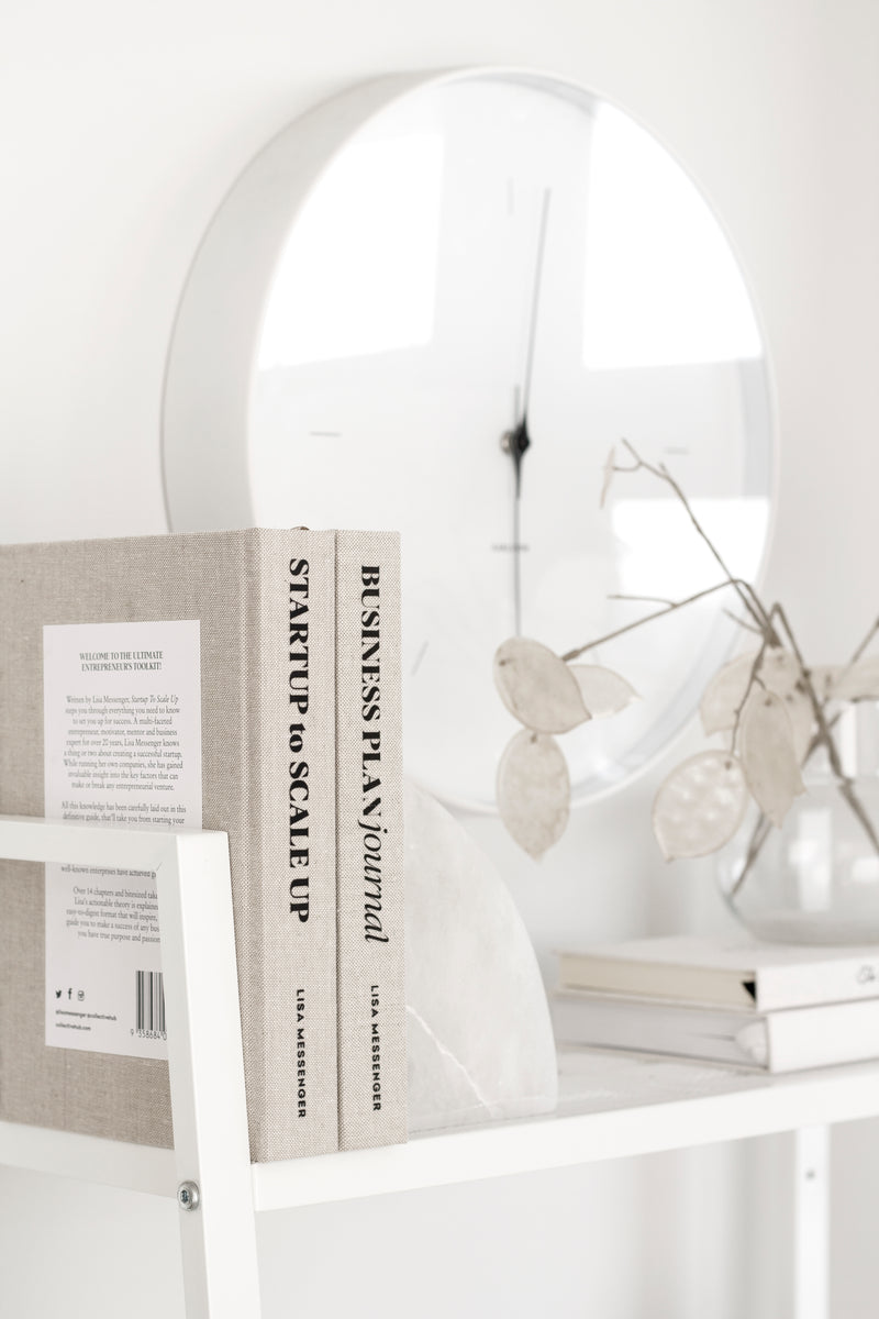 A white shelf adorned with books, a clock, and Artificial Flora's Honesty Spray Natural.