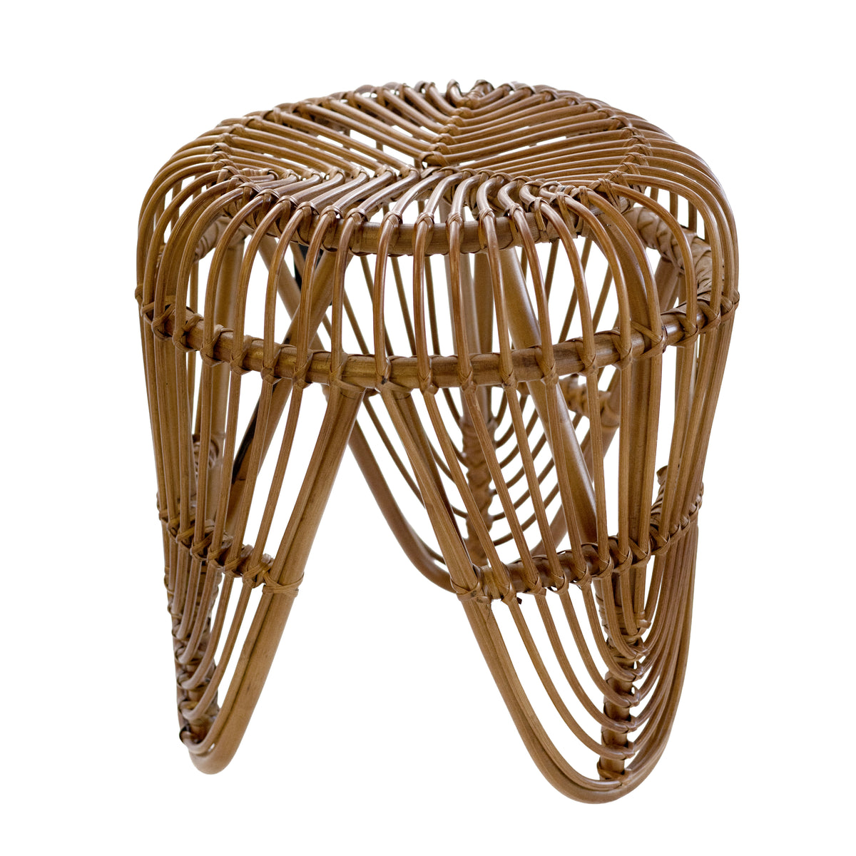 Rattan tulip stool in natural woven cane with a flared base, plain background