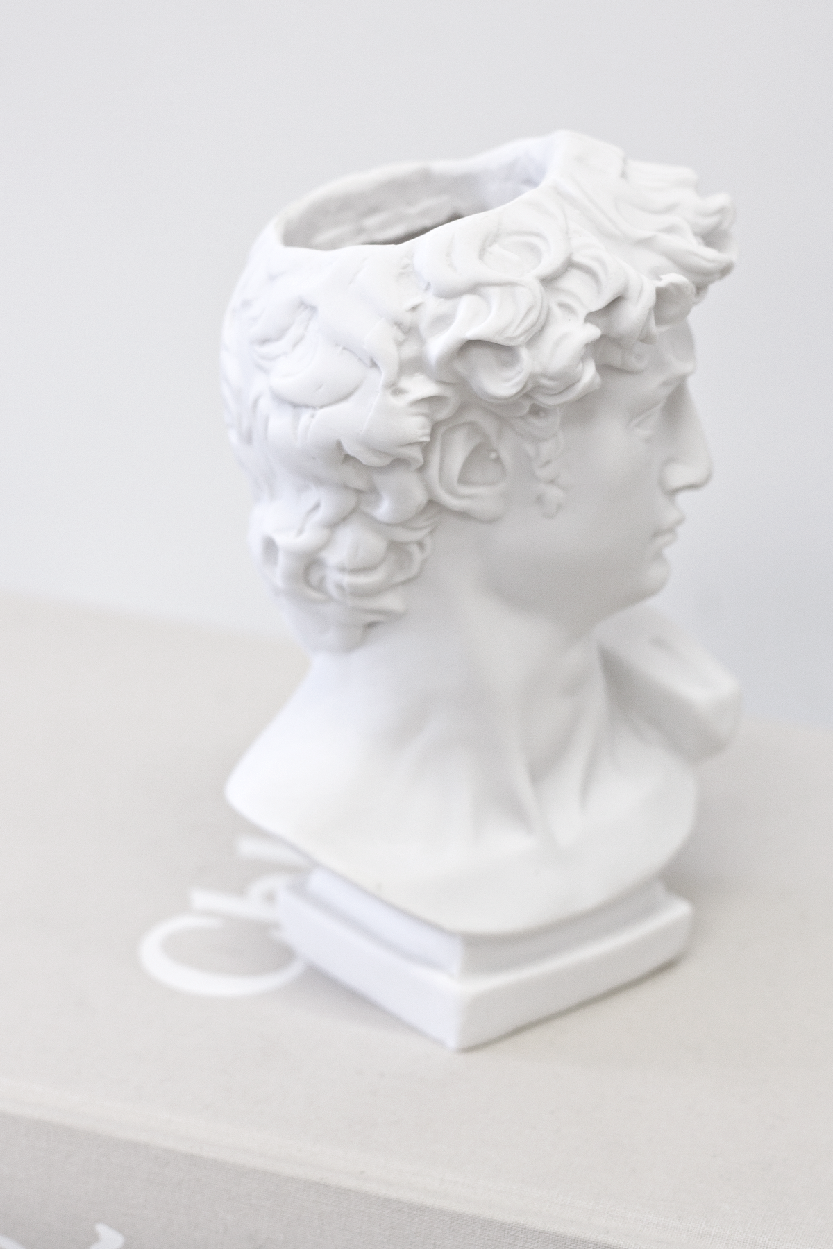 Angled view of the David vase, the hollow opening cut into the top of the head