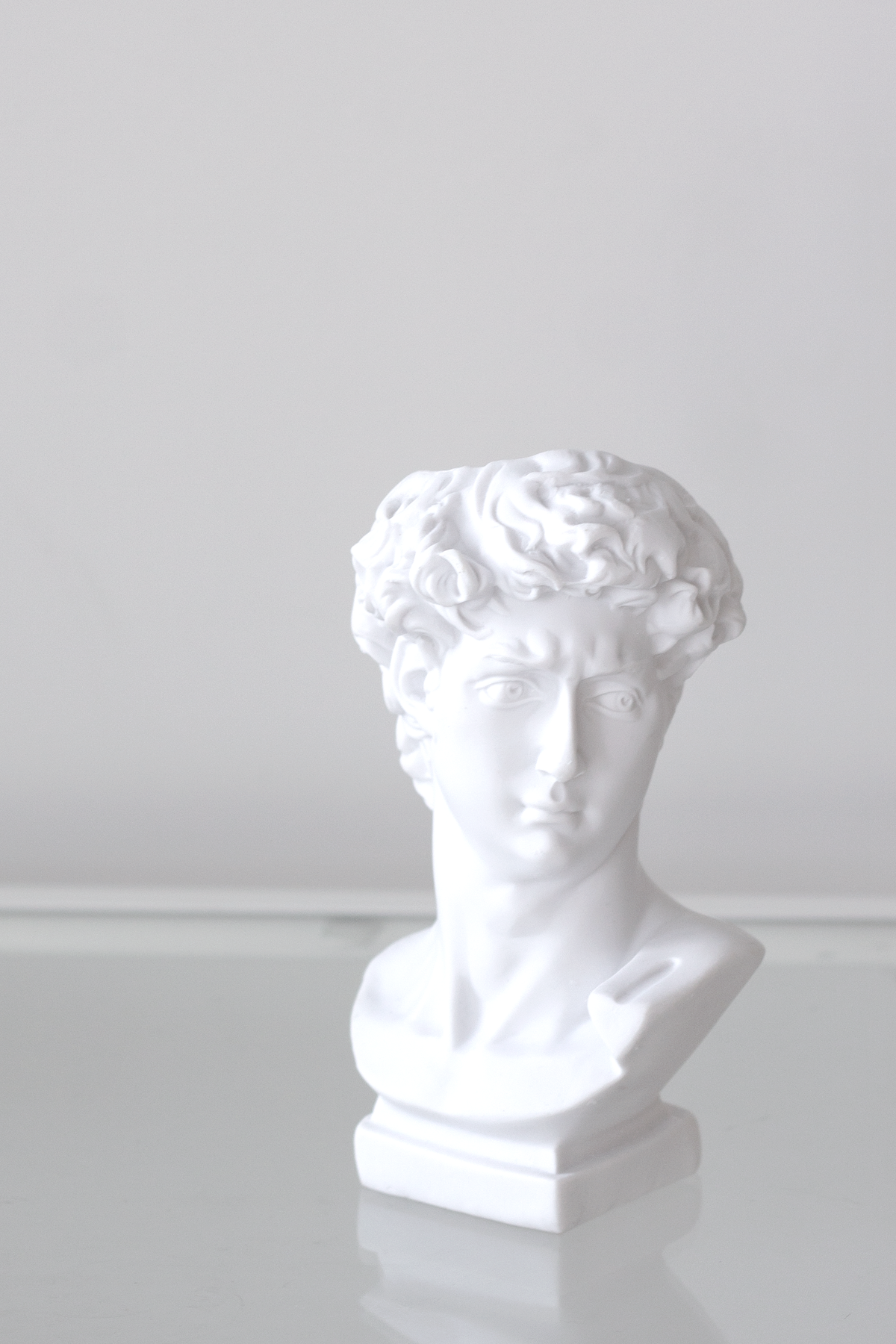 David bust vase alone on a pale ledge, shoulders and plinth in full view
