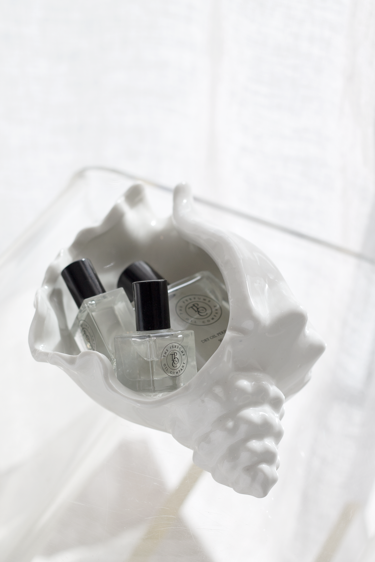 Overhead view of the conch bowl holding two glass perfume bottles on a clear table