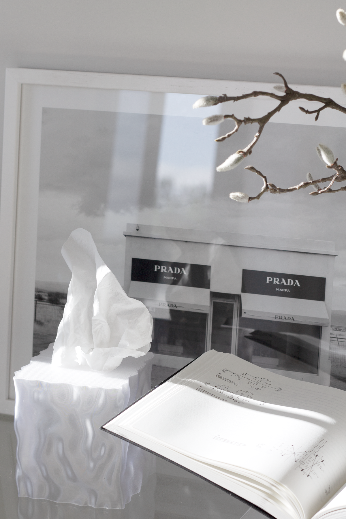White Flow tissue box cover on a glass console with a mirror and branches