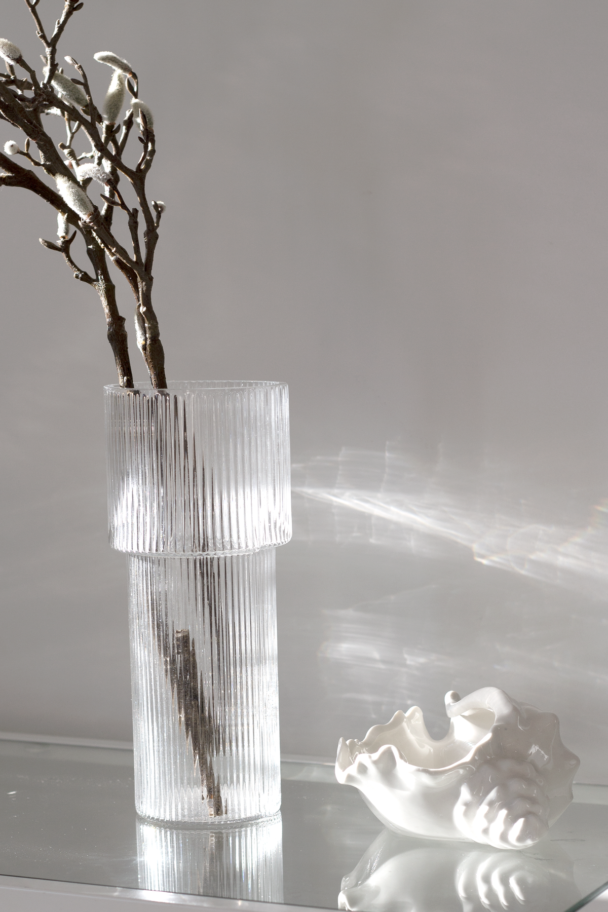 Ribbed glass vase of blossom branches beside a white shell dish on a reflective surface
