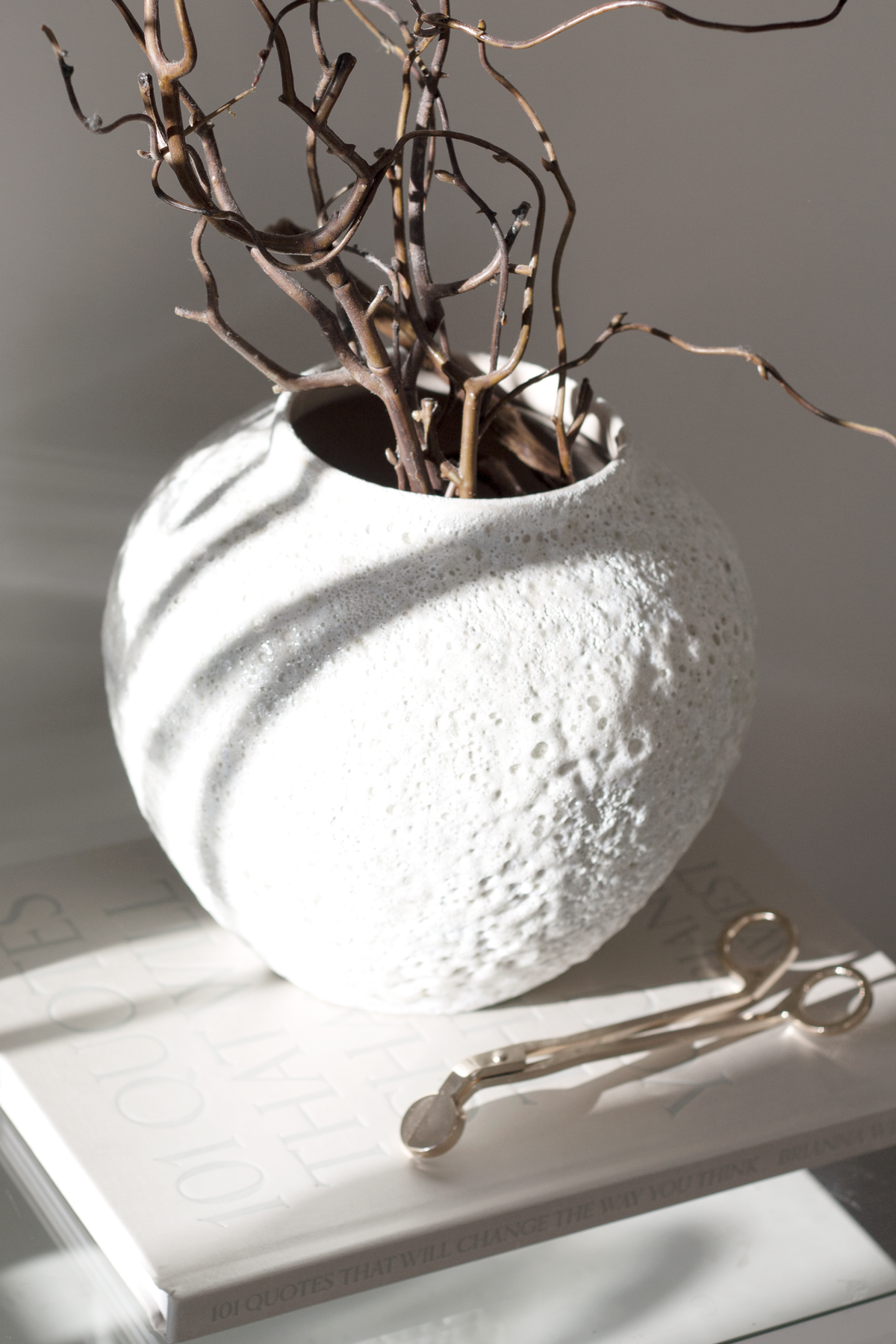 Silver wick trimmer on a magazine beside a white textured vase holding bare branches