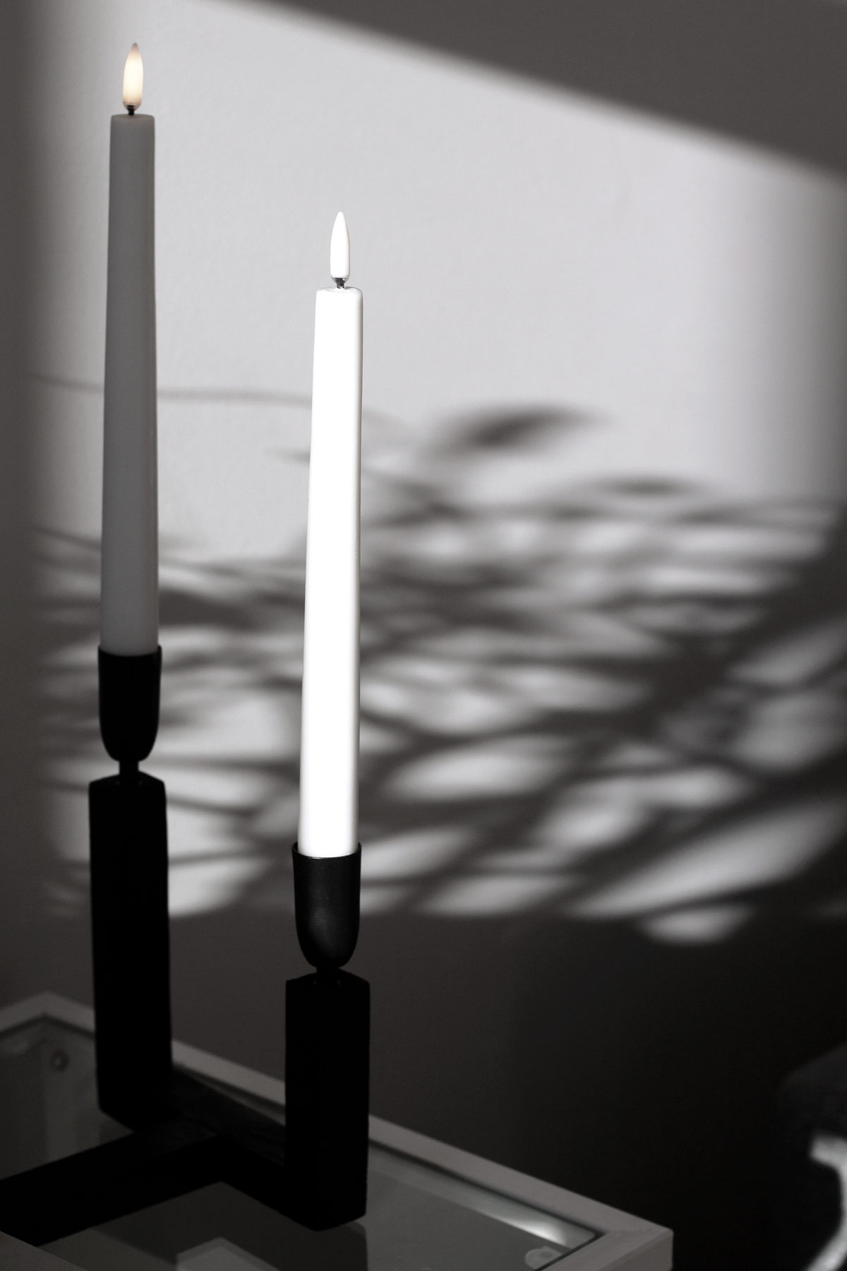 Two black taper holders with lit candles casting leaf shadows across a pale wall behind