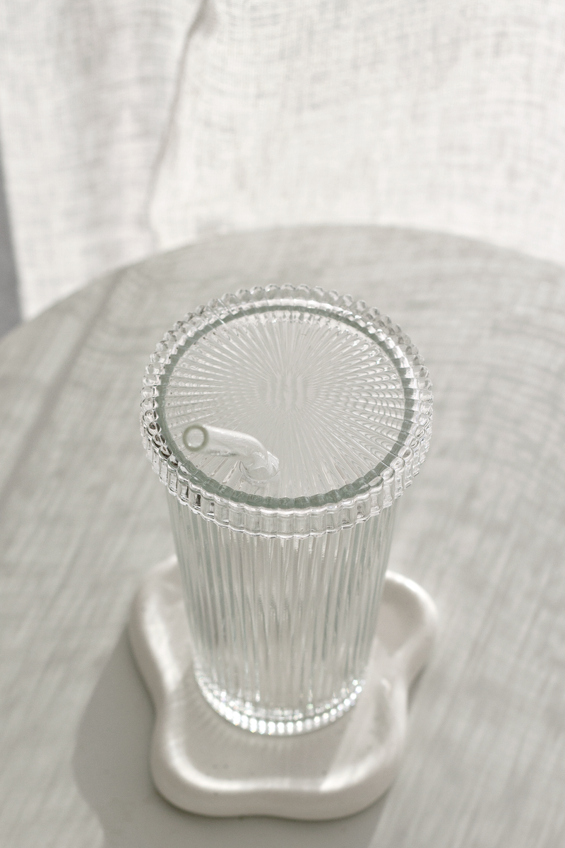 Ribbed Glass Tumbler with Straw