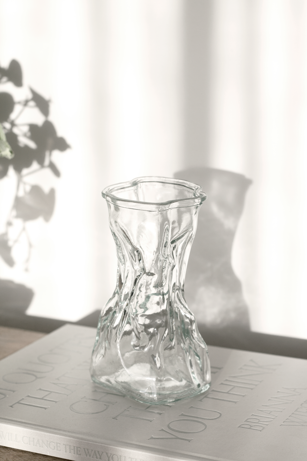 Clear crinkle vase on a magazine by a curtain with foliage catching the light behind