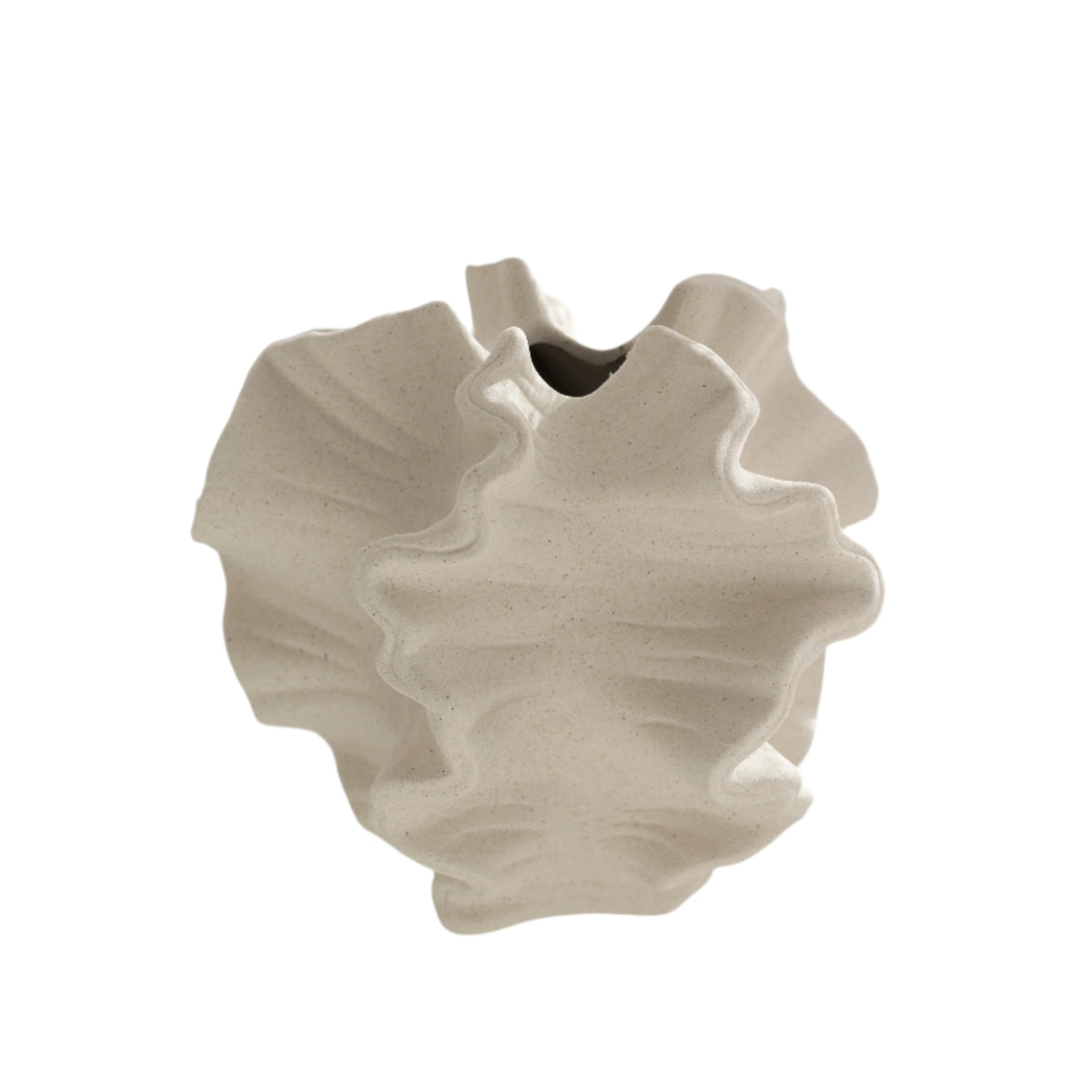 Sculptural coral vase in cream ceramic, ruffled petal-like walls around a small opening