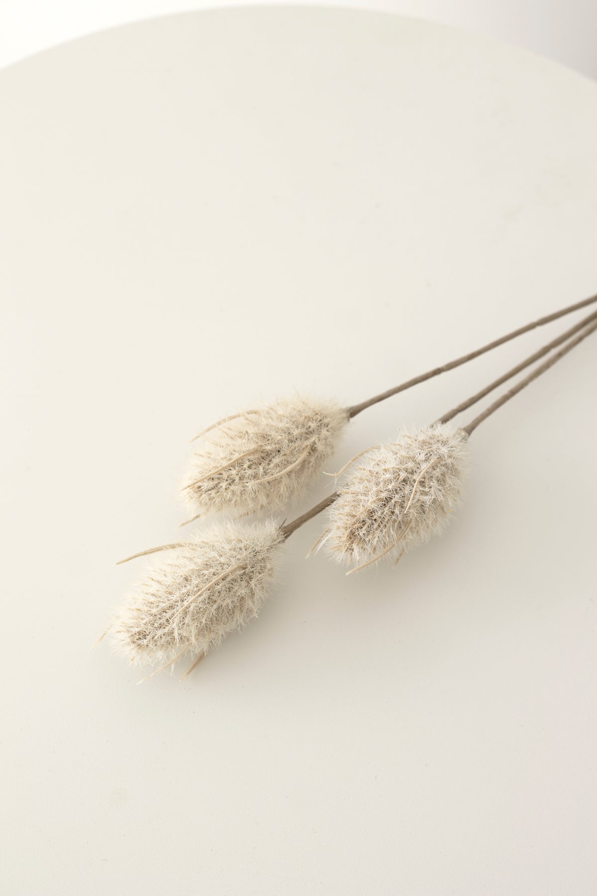 Single faux bunny tail pick lying on a pale cream surface