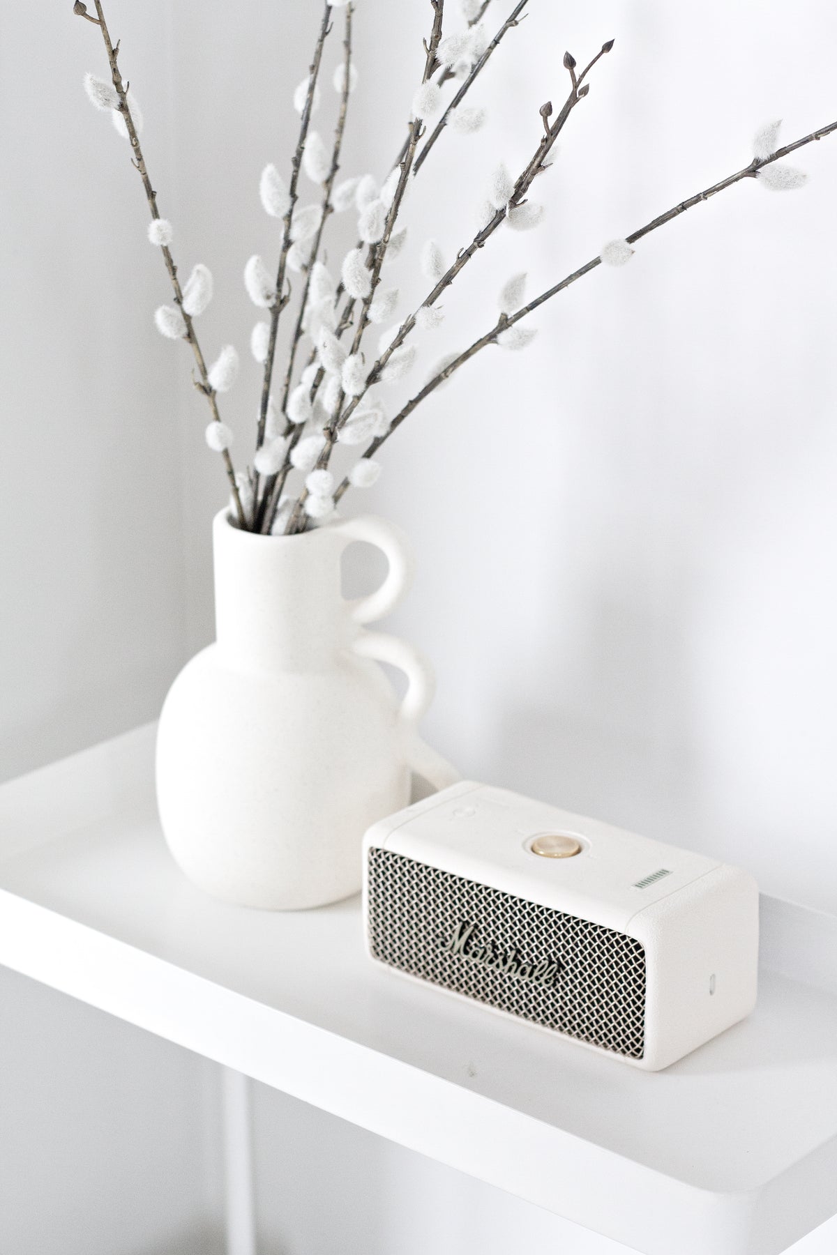 Chloe vase of pussy willow on a white console beside a small speaker