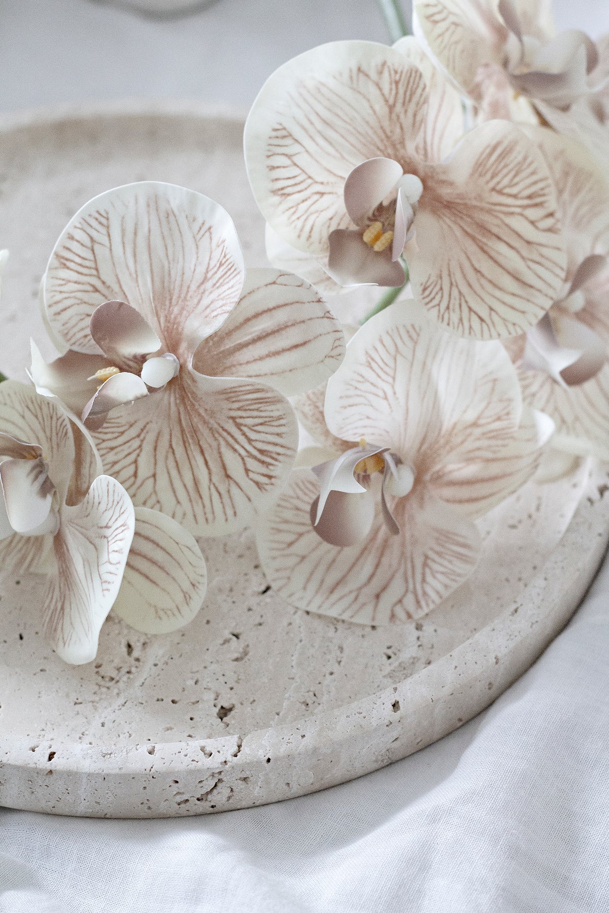 Close view of blush orchid blooms resting on a speckled stone plate on white linen