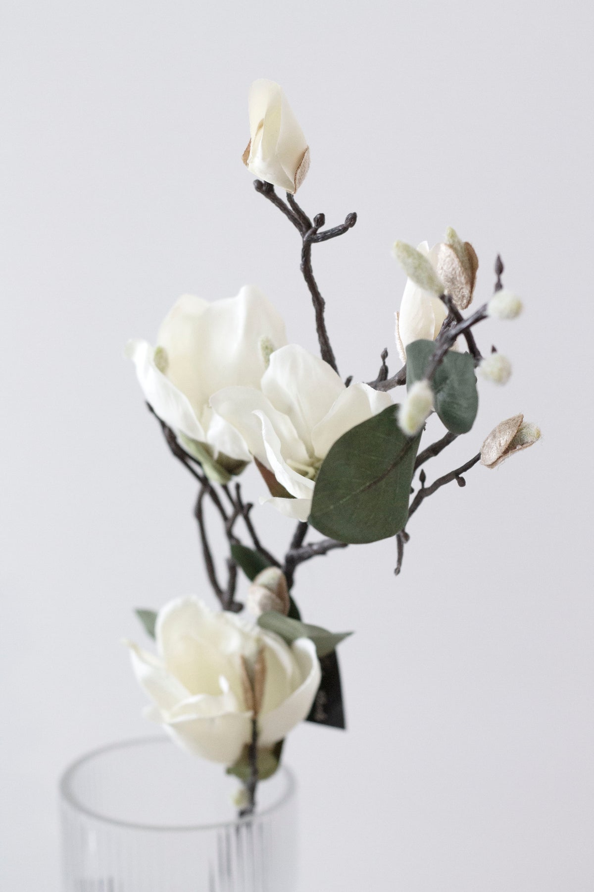 Close view of creamy faux magnolia flowers and a green leaf in a glass vase