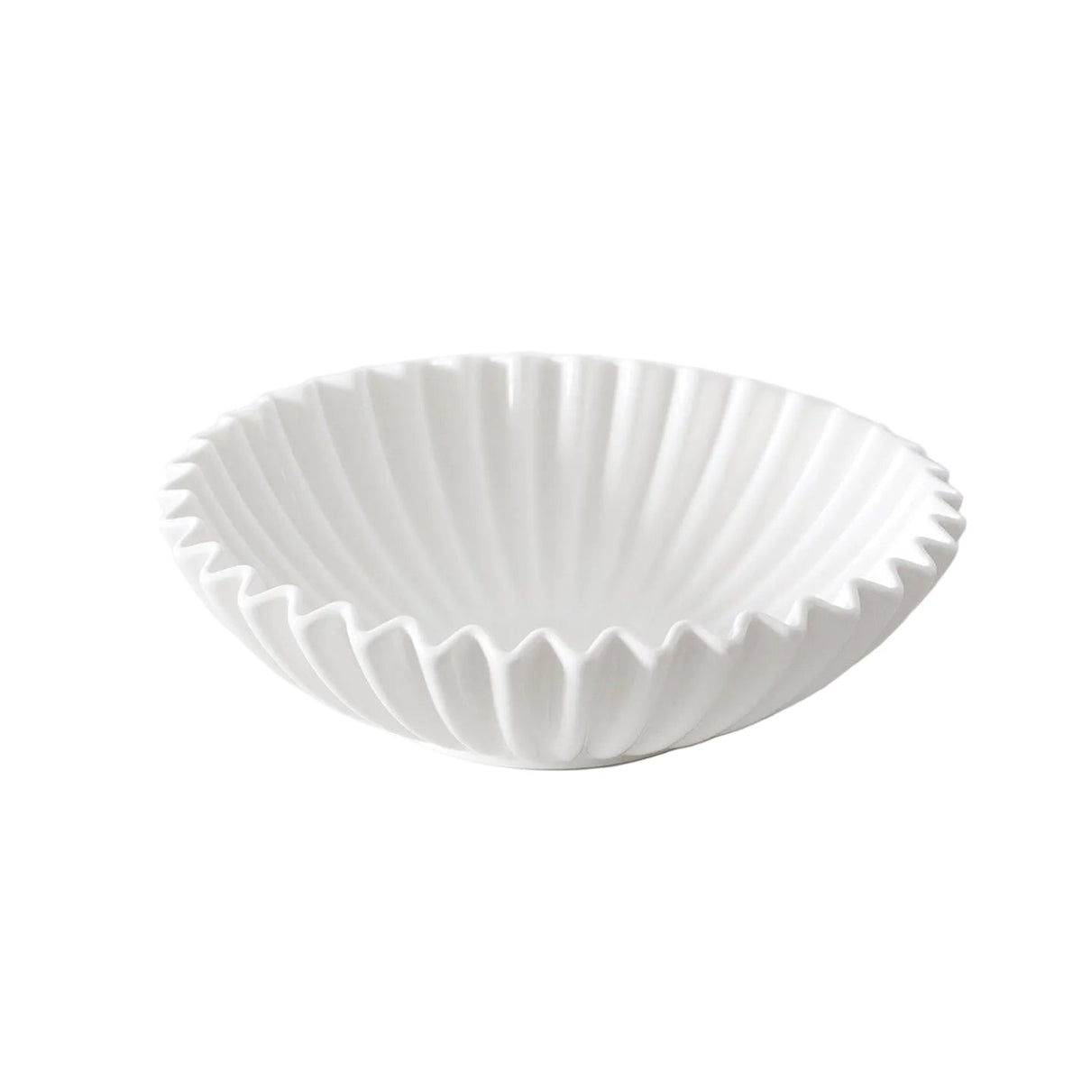 Glossy white fluted ceramic bowl, 27cm, with a pleated scalloped rim, on a pale surface with soft shadow