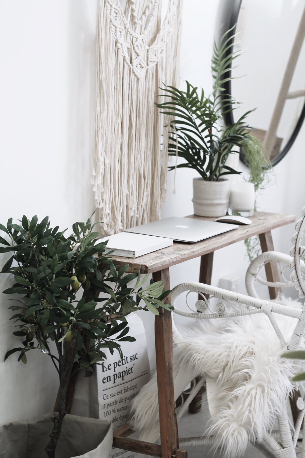 Recycled teak console in a styled corner with a macrame hanging, faux olive tree and ferns