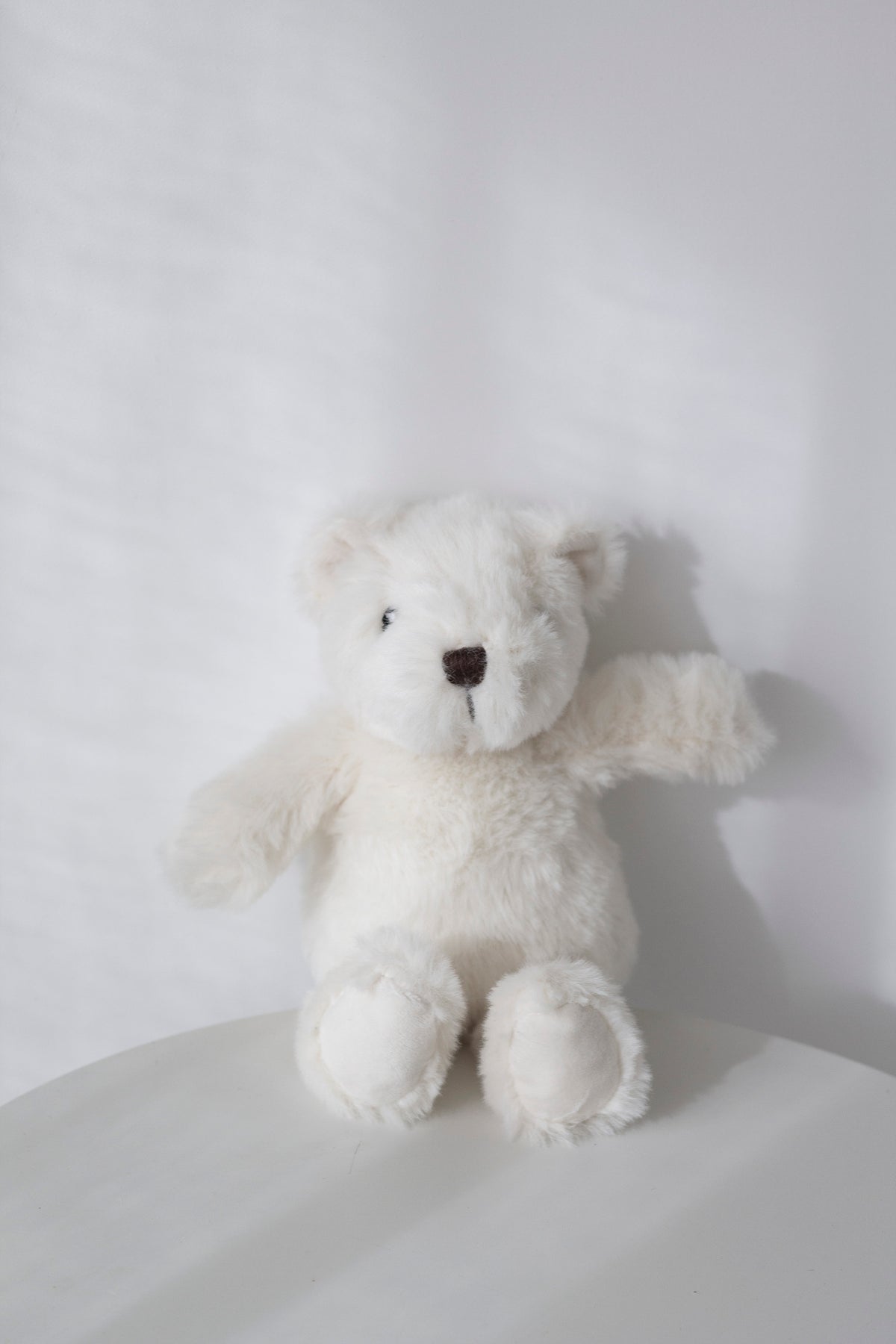 White Littlefoot Bear seated against soft white fabric