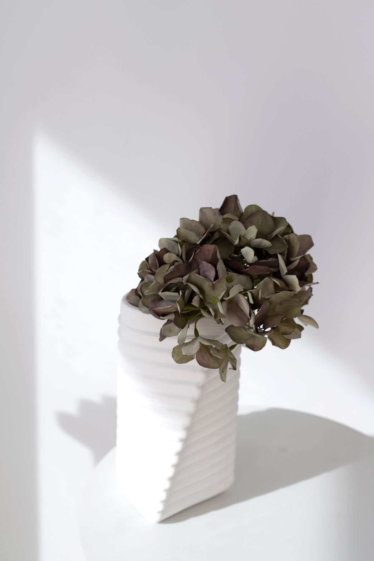 Green faux hydrangea in a white angular vase in soft shadow
