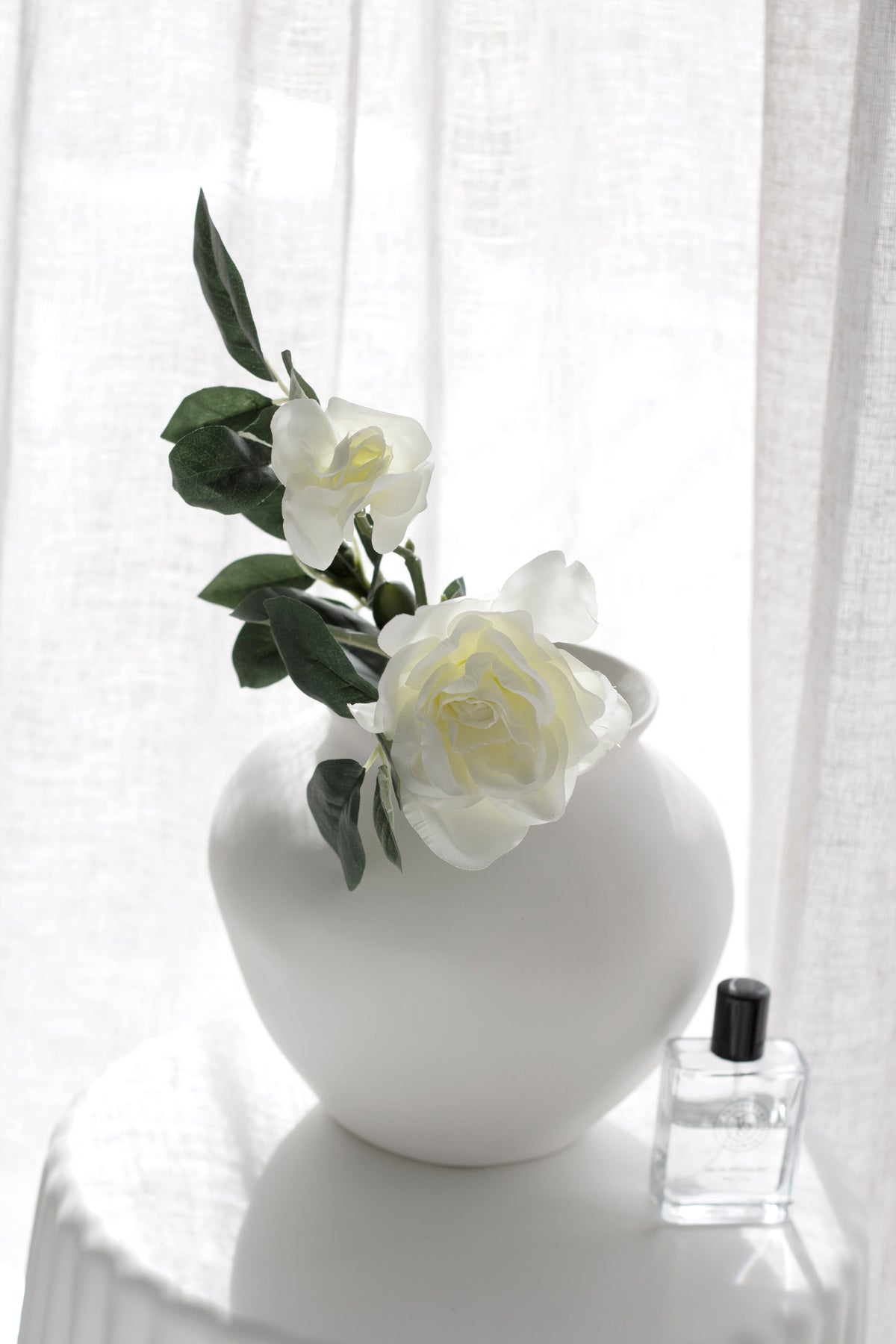 Single gardenia stem in a small round white vase on a side table beside a sheer curtain