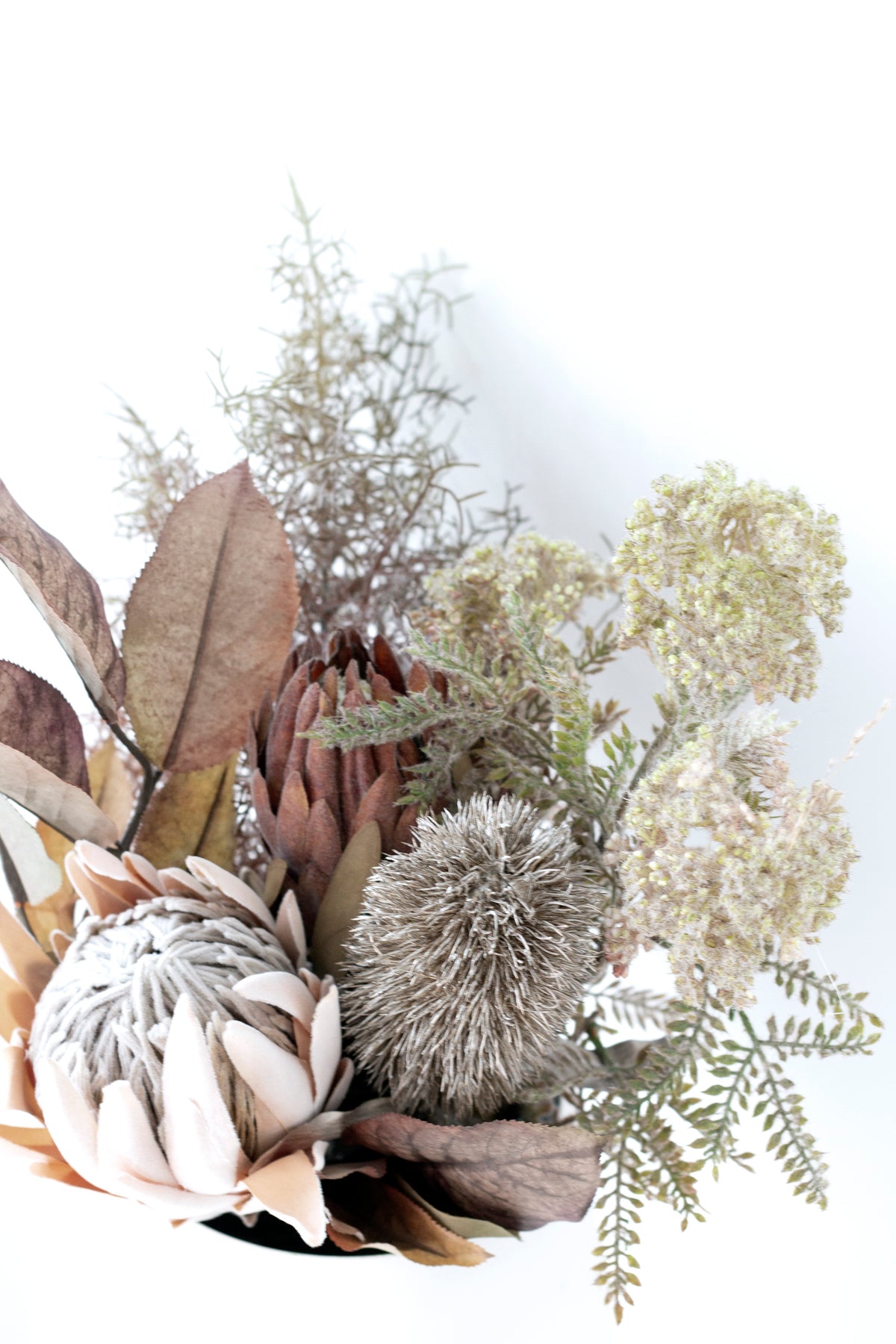 Dried look arrangement with protea, thistle and wild flower spray on white