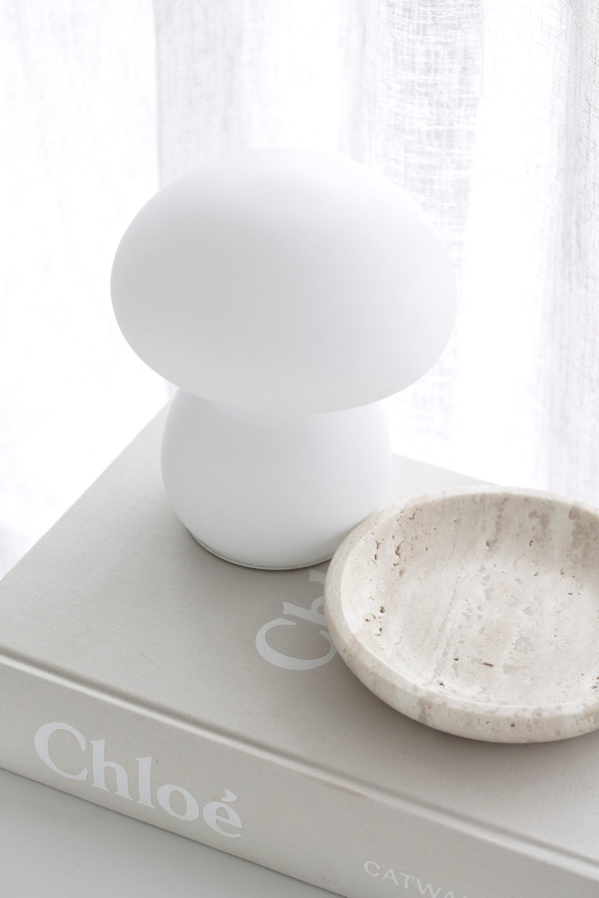 Mushroom lamp on a stack of books beside a small travertine dish