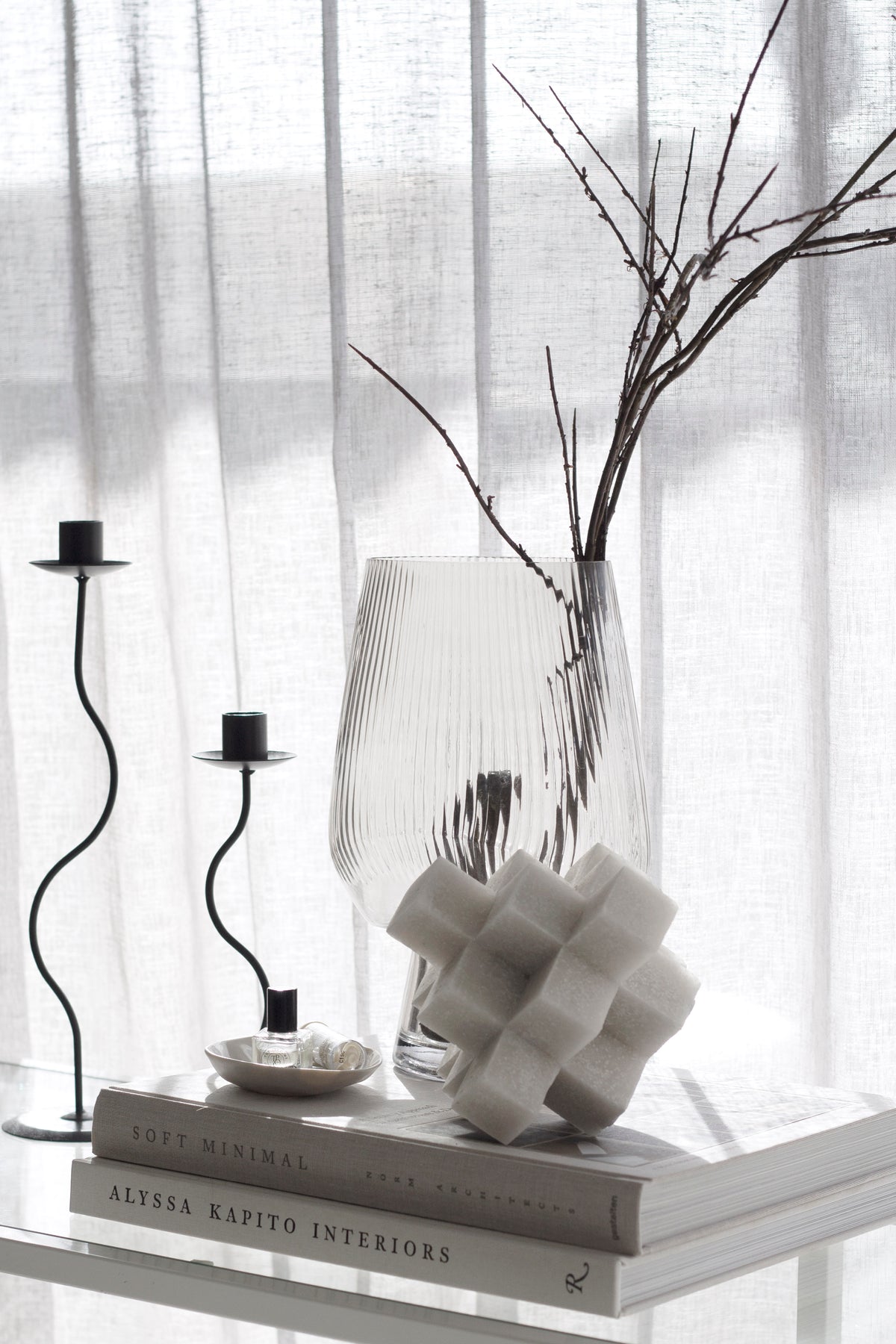 Black Hera pair on books with a white cube sculpture and dry branches at a bright window
